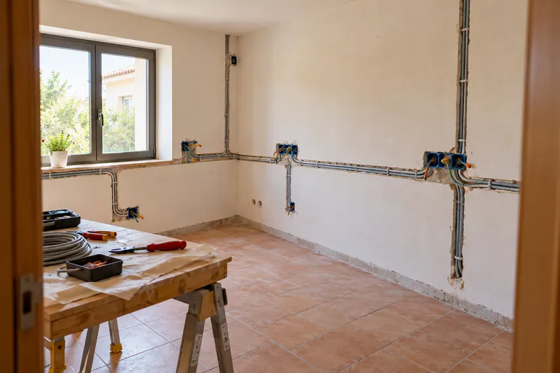 Visualización conceptual IA: Canalizaciones y cajas eléctricas durante la preparación de una cocina.