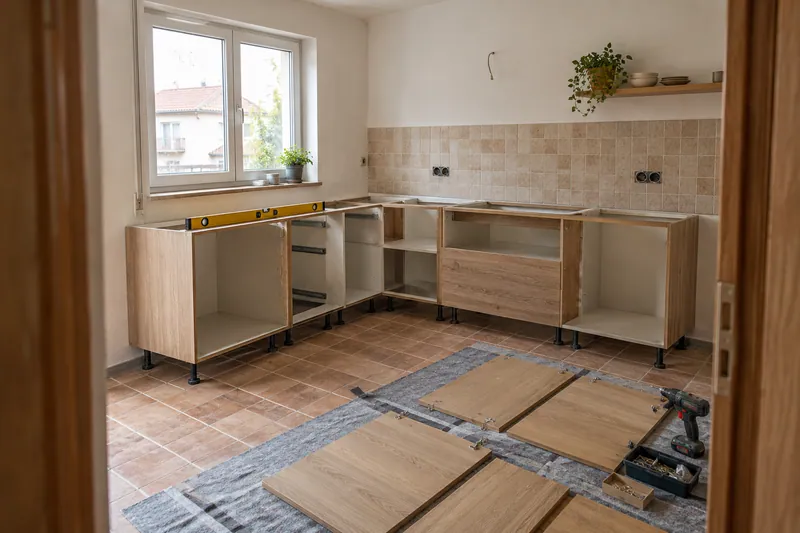 Visualización conceptual IA: Módulos de cocina en montaje con puertas pendientes de colocar.