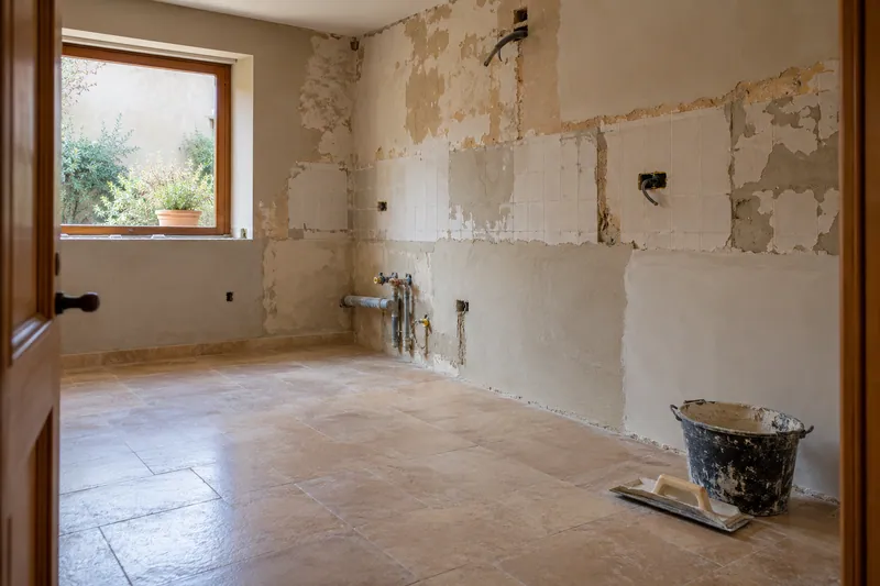 Visualización conceptual IA: Cocina sin muebles con paredes en preparación y zonas de enlucido.
